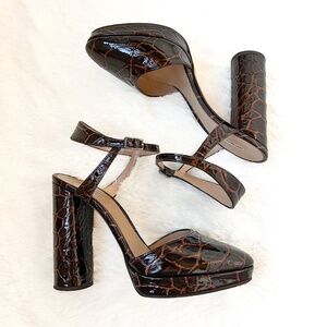 $699 Emporio Armani Coffee Brown Patent Leather Close Toe Sandals High Heel 39
